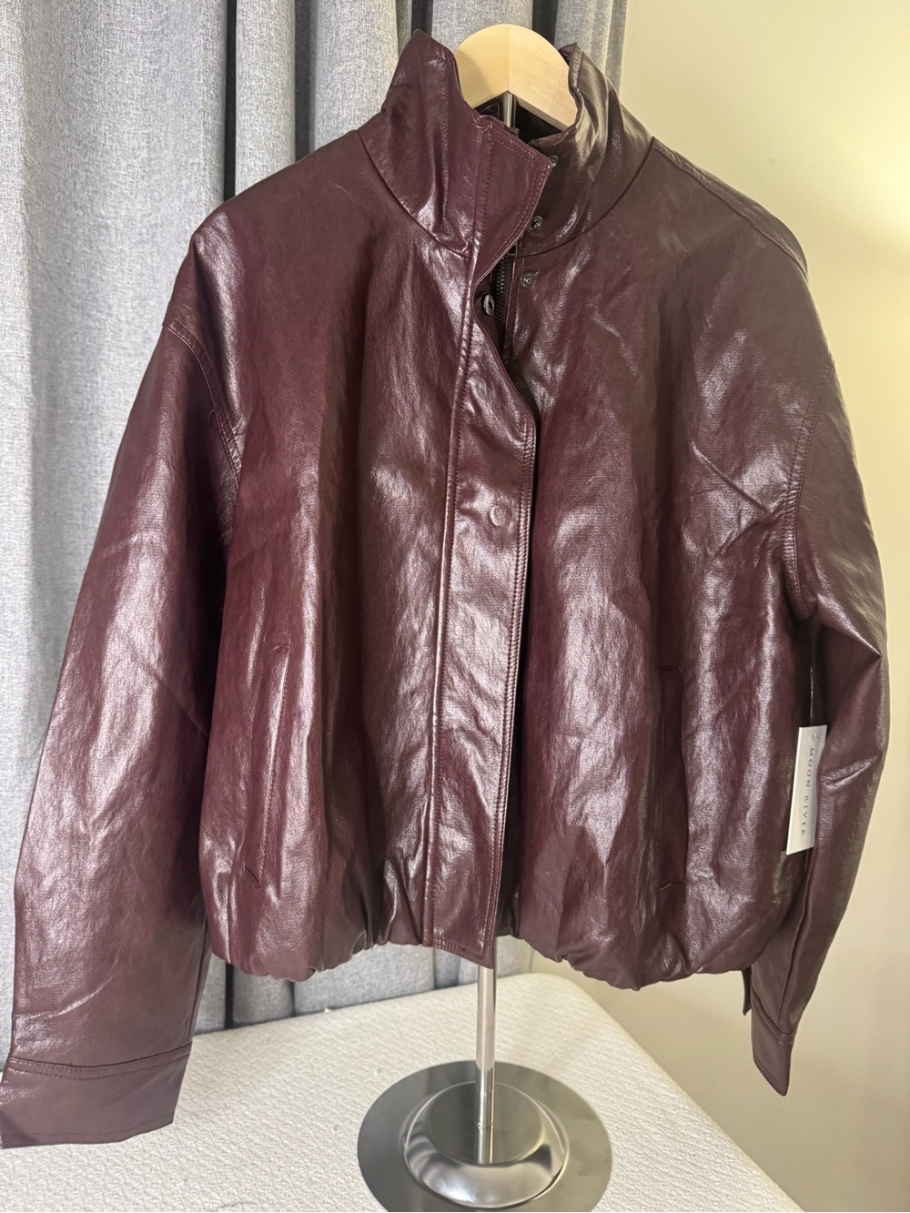 Moon River Deep Burgundy Leather Bomber Jacket